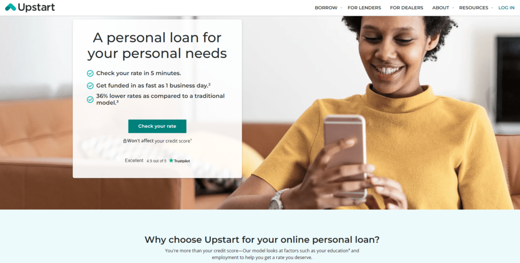 upstart page offering fast loans for poor credit