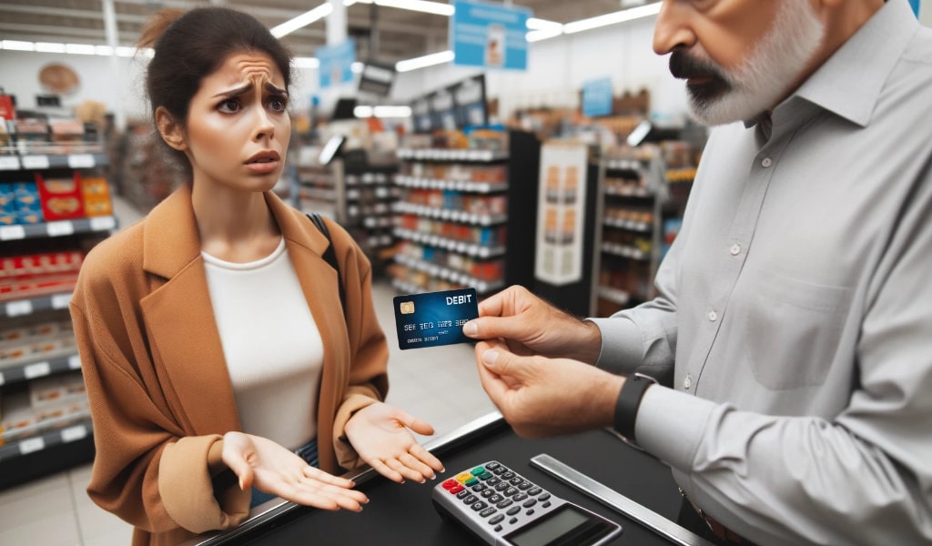 a woman's debit card got deactivated due to a bad credit score