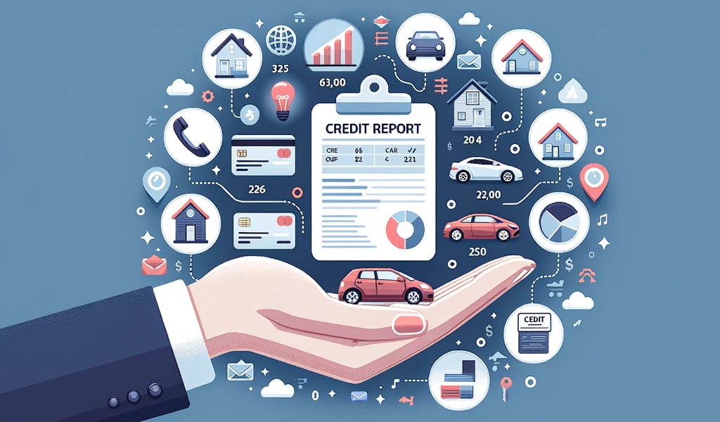  A hand holding a credit report with a car, house, and other icons representing factors that affect a person's credit score.
