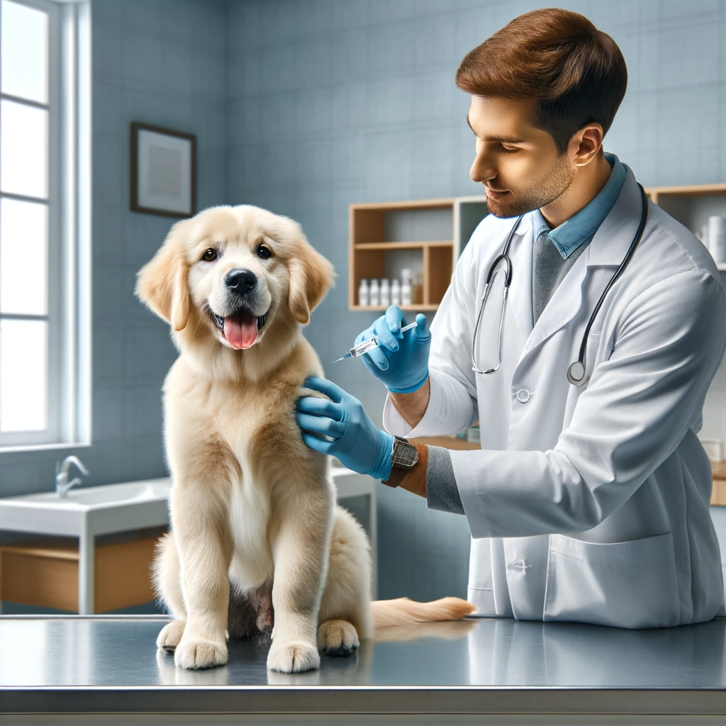 cute dog getting annual booster vaccinations